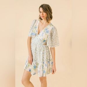 NWT Blue Floral Dress Side Cutout Plunge Neckline Flare Dress Cottagecore